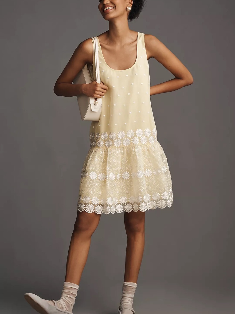 Maeve Pale Yellow Daisy Drop-Waist Midi Dress